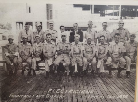 Group of electricians and workers at Fountain Lake Display, 1939.