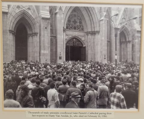 Thousands of trade unionists gather outside Saint Patrick’s Cathedral in 1986.