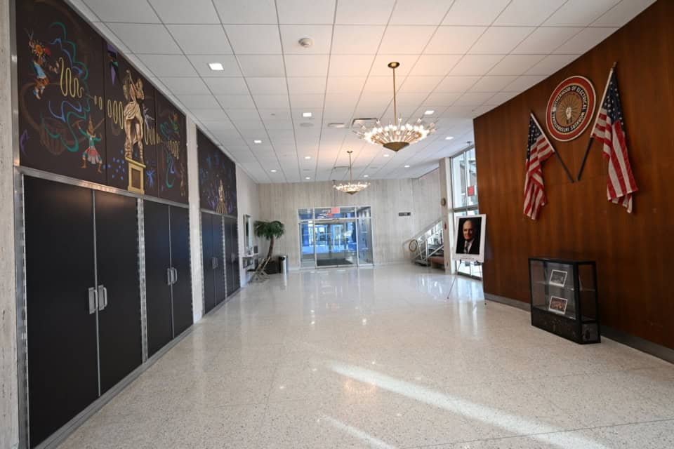 Interior lobby of the Joint Industry Board of the Electrical Industry building.