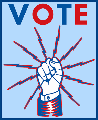 Fist breaking through lightning bolts with "VOTE" text above.